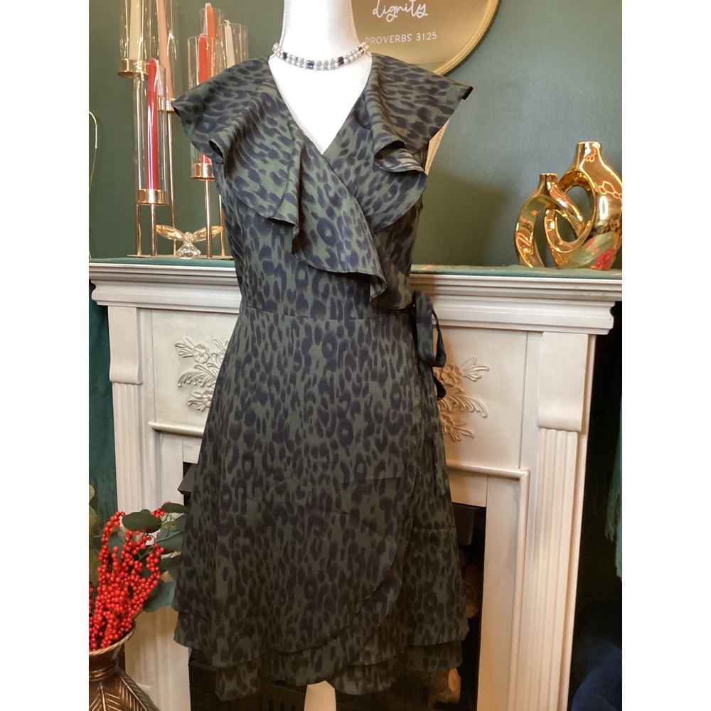 THML Leopard Wrap‎ Dress Size S Green Ruffle Tiered